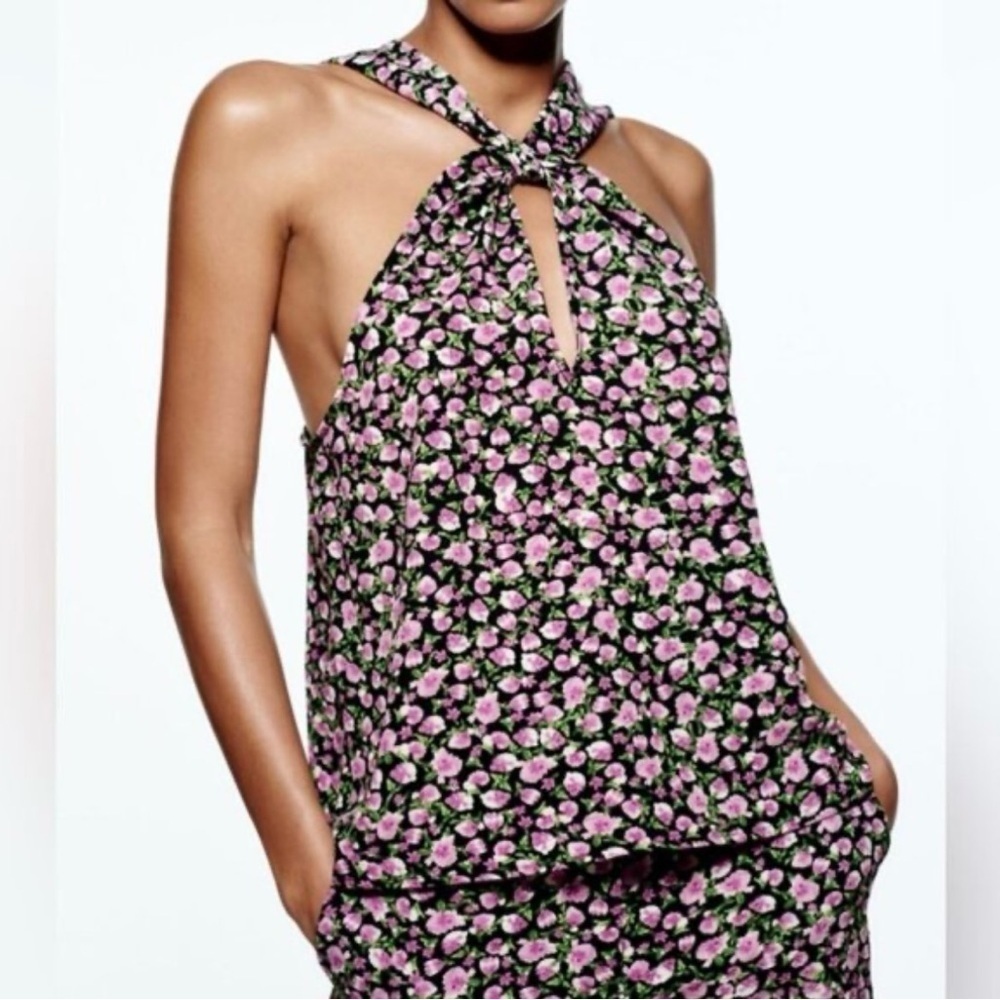 ZARA FLORAL PRINT HALTER TOP SZ Small USA NWT MULTICOLORED